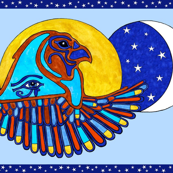 Horus Egyptian Sky God Falcon ACEO Print Eye of Protection Symbol, Sun Moon and Stars Mythology Folklore Altar Decor Ink and Watercolour