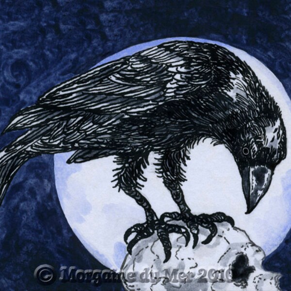 Raven Crow Sitting on a Skull ACEO Print Full Moon Halloween Gothic Miniature Art ATC Pagan Altar Decor Ink and Watercolour Illustration