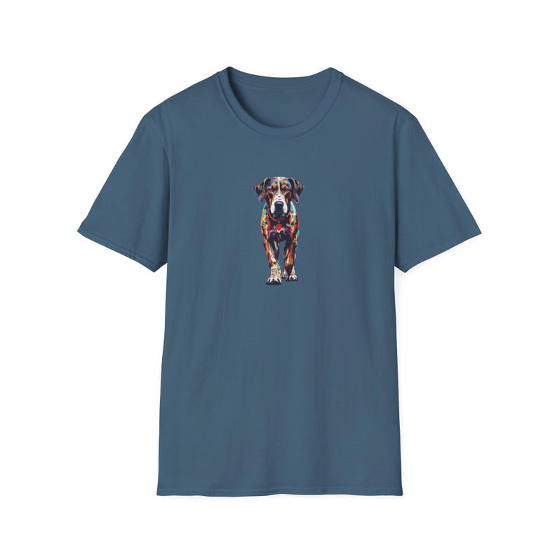 Catahoula leopard dog on indigo blue shirt