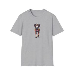 Catahoula leopard dog on gray shirt