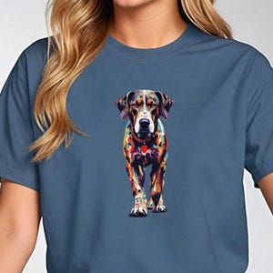 Catahoula leopard dog on indigo blue shirt