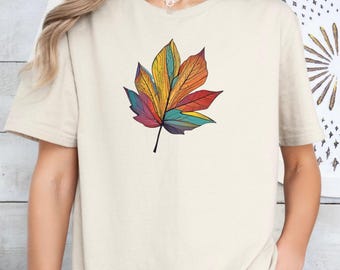 T-shirt multicolore à feuilles d'automne : t-shirt à imprimé nature automnal