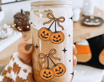 Cute Coquette Pumpkin Glass Cup with Lid & Straw | | Halloween Cup | Fall Glass Cup | Halloween Gifts | Spooky Season | Iced Coffee Cup