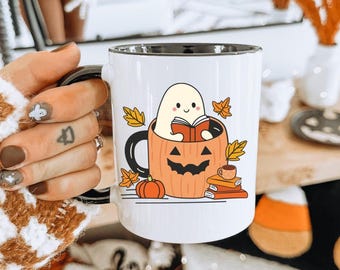 Taza con acento de fantasma de libros / Taza de otoño / Taza de calabaza con especias / Taza de calabaza / Taza de café / Taza de café / Regalos para ella / Taza de Halloween