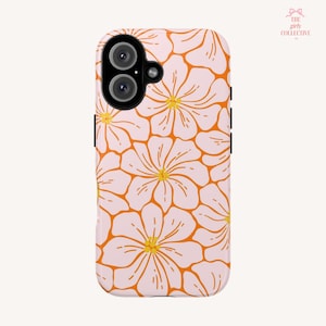 May include: A phone case featuring a repeating pattern of light pink flowers with yellow centres and bold orange outlines. The design covers the entire back of the case, which includes a black camera module cutout in the upper left corner.