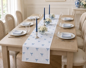 Blue Bow Striped Table Runner, Coquette Table Decor, Girly Blue and White Dining Runner, Preppy Cottagecore Kitchen Decor
