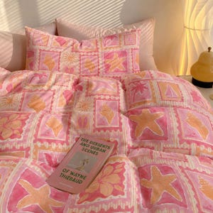 Juego de funda nórdica rosa estilo costero, ropa de cama rosa estilo costero, funda de edredón, juego de funda nórdica para dormitorio universitario, decoración de dormitorio estilo costero, decoración de ropa de cama femenina, regalo