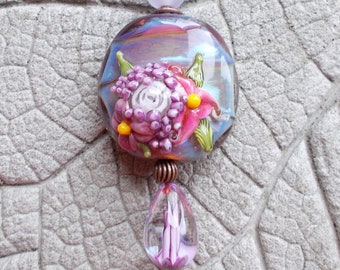 Lampwork Pendant, Floral Lampwork, Gift for Her, Handmade Glass Pendant, Mother Day Gift, Lampwork Necklace, Lampwork Unique Pendant