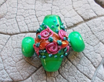 Lampwork Beads, Lampwork Floral Lampwork, Lampwork Floral Bicone, Handmade Glass Bead, SRA Lampwork, Jewelry Supplies, Lampwork Pendant