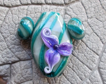 Lampwork Beads, Lampwork Gray Green, Purple Floral Lampwork, Handmade Glass Bead, SRA Lampwork, Jewelry Supplies, Lampwork Pendant, Unique