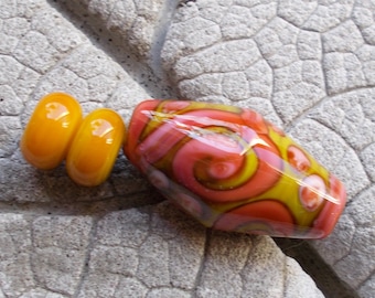 Lampwork Beads, Bicone Lampwork, Glass Bead, Sra lampwork, Lampwork Pendant, Lampwork Scroll Bead, Encased Cane, Coral Green, Scroll Bicone