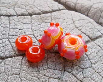 Lampwork Beads, Dot Pair Lampwork,Sra Lampwork, Earring Supply, Handmade Glass Beads, Orange Pink Beads, Earring Beads, Lampwork Spacers