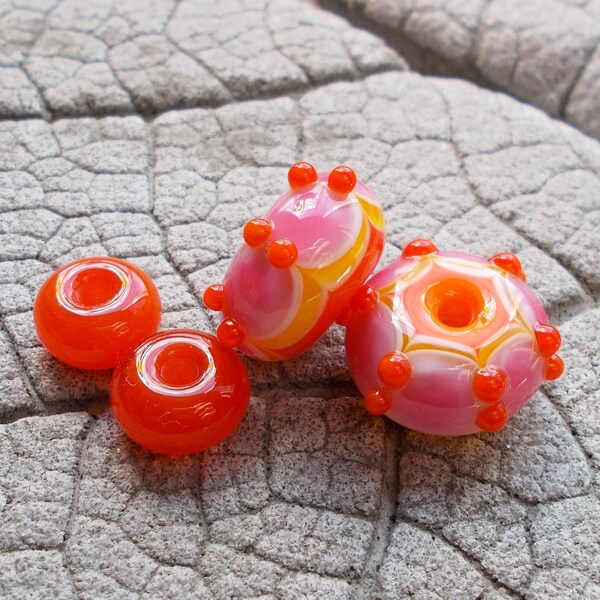 Lampwork Beads, Dot Pair Lampwork,Sra Lampwork, Earring Supply, Handmade Glass Beads, Orange Pink Beads, Earring Beads, Lampwork Spacers