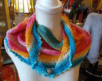 Handknit Cotton Shawl, Pink Orange Turquoise Shawl, Gift for Her, Handknit Wrap, Handknit Scarf, Asymmetric Shawl, CottonLace Shawl