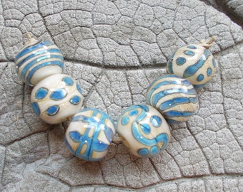 Lampwork Beads, Encased Lampwork Bead, Ivory Blue Lampwork Set, Handmade Glass Bead, SRA Lampwork, Jewelry Supplies, Silver Glass Lampwork
