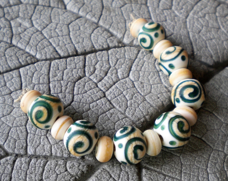 Handmade Glass Bead Lampwork Focal Lampwork Set OOAK Lampwork Bead Ivory Scroll Bead Lampwork pendant Sra lampwork Jewelry Supply