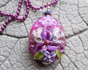 Lampwork Bead, Lampwork Floral Pendant, Floral Lampwork Bead, Lampwork Necklace, Encased Lampwork, Gift for Her, Pink Floral Bead, OOAK Bead