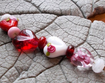 Lampwork Beads, Valentine Beads, Pink Red White Beads, Handmade Glass Beads, Jewelry Supply, Earring Supply, Lampwork Set, SRA Lampwork