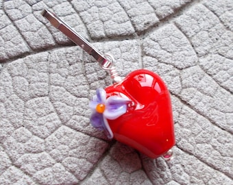 Lampwork Bead Charm, Glass Charm, Purse Charm, Backpack Charm, Handmade Glass Beads, Gift for Her, Zipper Pull, Lampwork Red Heart, Flower