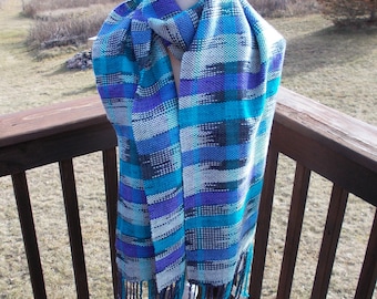 Handwoven Scarf Wrap, Purple Turquoise Gray Wrap, Gift for Her, Handwoven Schawl, Merino Blend Scarf, Long Handwoven Wrap, Merino Wrap, OOAK