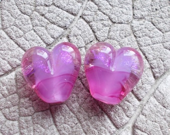 Lampwork Bead, Pink Heart Lampwork Pair, Sra Lampwork, Earring Lampwork, Lampwork Pair, Jewelry Supply, Fushia Lampwork Pair, Earring Supply