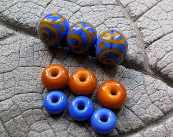 Lampwork Beads, Yellow Blue Lampwork, Sra Lampwork, Scroll Lampwork, Lampwork Pair, Jewelry Supply, Gold Periwinkle Lampwork, Earring Supply