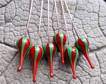 Christmas Headpins, Lampwork Headpins, Jewelry Supply, Handmade Glass Headpins, Earring Supply, Red Green, Holiday Headpins, Teardrop