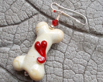 Lampwork Bead Charm, Glass Bone Charm, Purse Charm, Backpack Charm, Handmade Glass Beads, Gift for Dog Lover, Zipper Pull, Dog Bone Heart