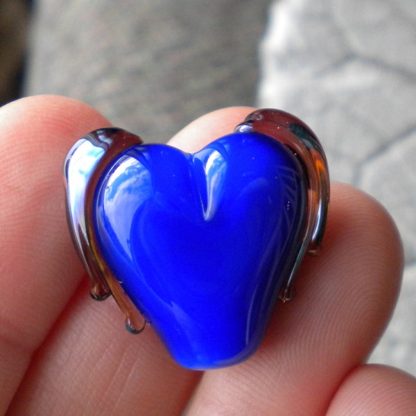 Royal Blue WINGED HEART Lampwork Beads by Cherie Sra R114 Flameworked Glass Heart with Wings