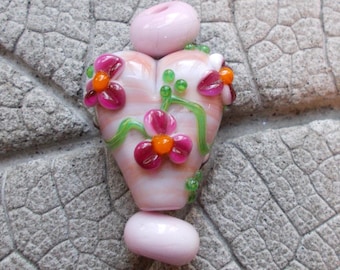 Lampwork Bead, Pink Heart Lampwork, Sra Lampwork, Floral Heart Lampwork, Lampwork Pendant, Jewelry Supply, PinkLampwork, Lampwork Spacers