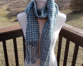 Handwoven Scarf, Multi Color Scarf, Gift for Her, Handwoven Houndstooth, Wool Blend Scarf, Teal Ivory Handwoven Scarf,  OOAK Handwoven Scarf