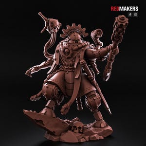 May include: A brown monochromatic miniature figurine of a mechanical warrior with a skull emblem on the chest, a gear-shaped headpiece, and a large mace. The figure features robotic limbs, a long robe, and a skull-topped mechanical arm attachment.