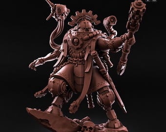May include: A brown monochromatic miniature figurine of a mechanical warrior with a skull emblem on the chest, a gear-shaped headpiece, and a large mace. The figure features robotic limbs, a long robe, and a skull-topped mechanical arm attachment.