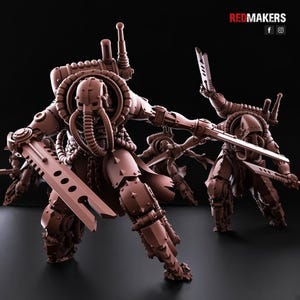 May include: A group of brown monochromatic sci-fi soldier figurines with mechanical armour, helmets with breathing tubes, and large serrated blades. The figures feature complex gear and antenna details. The text REDMAKERS is visible at the top right.