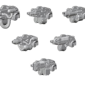 May include: A collection of six gray, futuristic-looking gun models. Each model features a cylindrical barrel, detailed mechanical components, and various attachments, suggesting a science fiction or tabletop gaming theme.