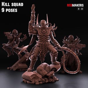 May include: Three brown miniature warrior figurines in dynamic poses. The central figure stands on a stone base with a whip and raised weapon. Text reads: KILL SQUAD 9 POSES and REDMAKERS. The figures feature detailed armor, pointed ears, and weaponry.