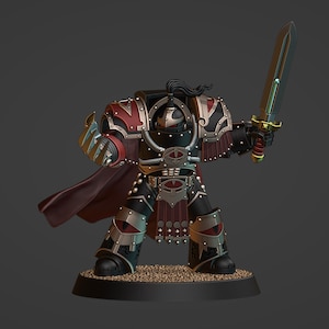 Könnte beinhalten: Detaillierte Miniaturfigur eines Kriegers in schwarzer Rüstung mit roten Akzenten, der ein großes Schwert hält. Die Figur hat einen Helm mit Kamm und steht auf einem strukturierten Sockel. Das Schwert hat einen grünen und goldenen Griff.