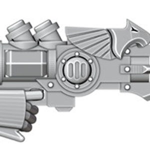 Könnte beinhalten: Eine grau gefärbte, futuristisch aussehende Waffe mit einem komplexen Design. Sie verfügt über mehrere zylindrische Komponenten, ein kreisförmiges zentrales Element und ein stilisiertes, vogelartiges Emblem. Die Waffe hat einen Griff und eine triggerartige Struktur, was darauf hindeutet, dass sie tragbar ist.