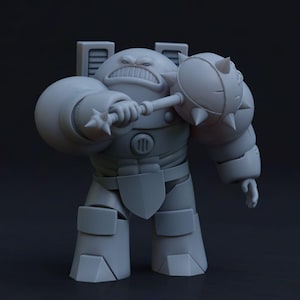 May include: A gray unpainted miniature figurine of a stout armored warrior with a grimacing expression. The figure wears heavy plate armor, features a backpack with vents, and holds a large spiked mace in one hand, ready for combat action.