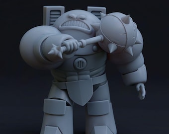 May include: A grey unpainted miniature figurine of a stout armoured warrior with a grimacing expression. The figure wears heavy plate armour, features a backpack with vents, and holds a large spiked mace in one hand, ready for combat action.