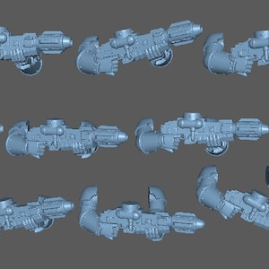May include: A collection of light blue, futuristic-looking blasters, each with a detailed design. The blasters have a cylindrical barrel, a grip, and various mechanical components. The image shows multiple angles of the same object.