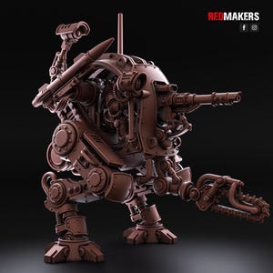 May include: A brown, bipedal mechanical robot figurine featuring a large central cannon, a top-mounted missile launcher, and a chainsaw-like appendage on one arm. The model displays intricate mechanical joints, gears, and pipes, with the text REDMAKERS visible.