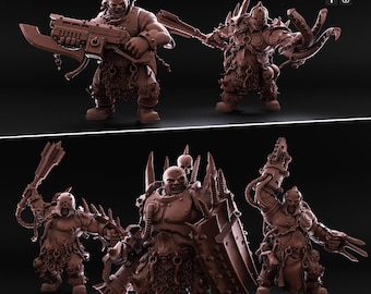 Könnte beinhalten: Eine Sammlung von fünf braunen Miniatur-Kriegerfiguren mit detaillierter Rüstung, Stacheln und Totenköpfen. Die Figuren sind mit verschiedenen Waffen ausgestattet, darunter ein großes Gewehr mit Klinge, ein Streitkolben, ein Schild und Klauen.