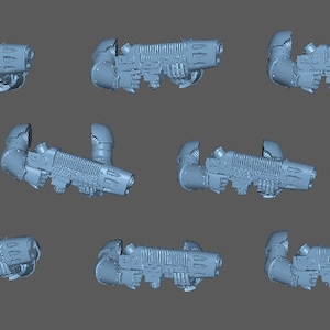 May include: A collection of ten light gray, futuristic-looking blasters. Each blaster has a cylindrical barrel, a handle, and various mechanical details. The objects are arranged on a gray background.