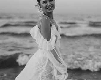 Chiffon Ruffle Maxi Dress, Flowing Boho Occasion Gown, Cottagecore Beach Wedding Dress, Bridesmaid or Photoshoot Dress