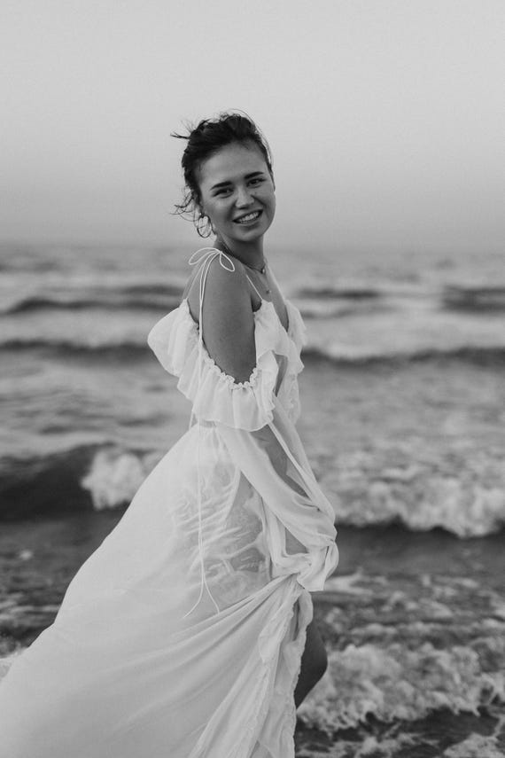 flowing maxi dress for beach wedding A-line Spaghetti Strap White Lace Chiffon Beach Wedding Dress WD290 US6 / White