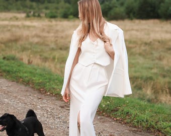 Traje de novia moderno color marfil, chaqueta de boda para mujer, prendas de novia de lujo, elegante traje para invitada de boda o graduación, traje de mujer inspirado en los años 90.