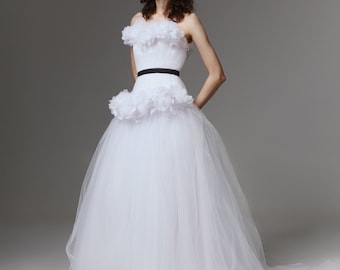 Floral Tulle Corset Wedding Dress, Custom Made Bridal Gown, Modest Full-Length Wedding Dress, Modern Bridal Dress, Simple Wedding Dress