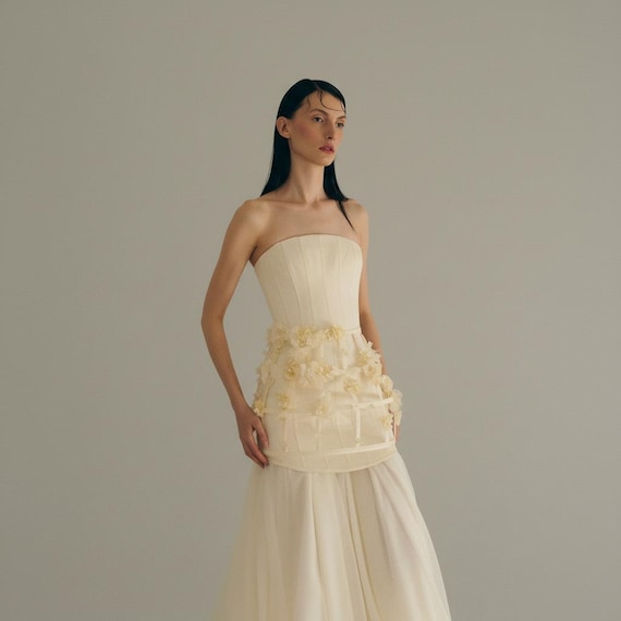 cream ivory wedding dress Corset With Tulle Skirt, Floral Bridal Gown, Wedding Dress, Bridal Separates, Removable Train champagne cream colored wedding dress