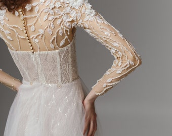 Botanical Illusion Wedding Dress, Sheer Embroidered Sleeve Bridal Gown with Soft Train, Floral Garden Bride Custom Gown